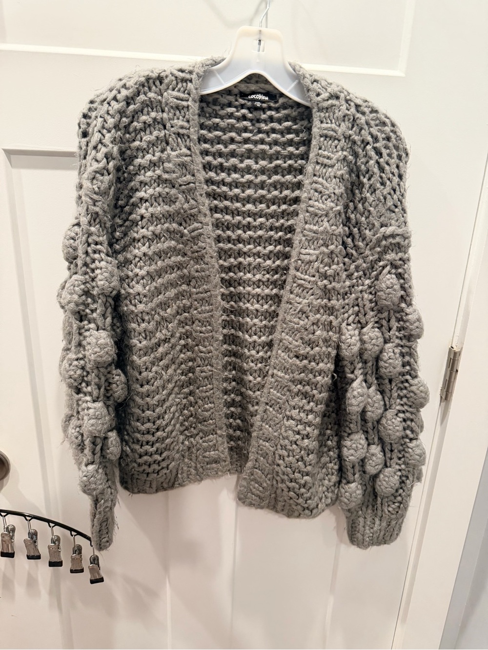 Cocobleu Gray Chunky Knit Bobble Sleeve Open Front Cardigan Medium